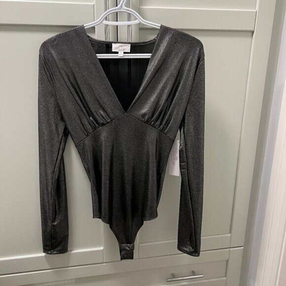 Tops - NWT LIVE IN THE MOMENT Metallic Shimmer Dark Silver Bodysuit Size M Deep V